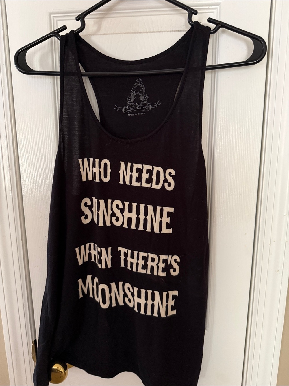 Bear Dance Black Tank Top with Cream Graphic Text